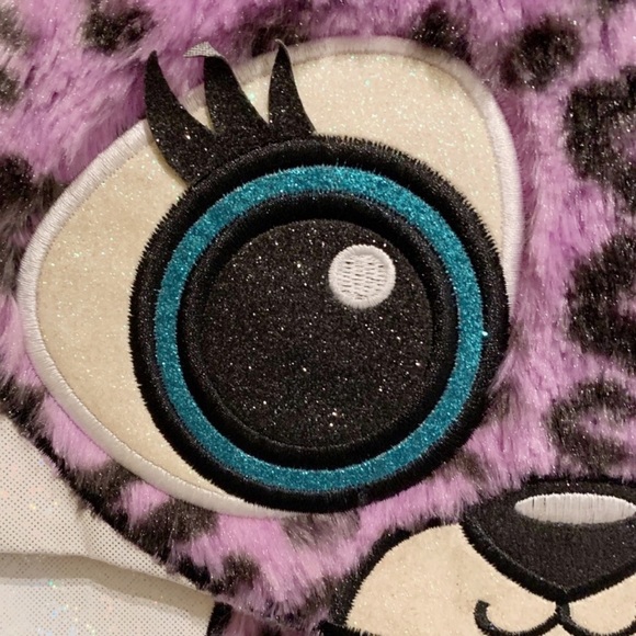 Justice Girls Bag Backpack Purple Blue Cat Cheetah Sparkly Furry Iridescent Cute - Picture 12 of 14